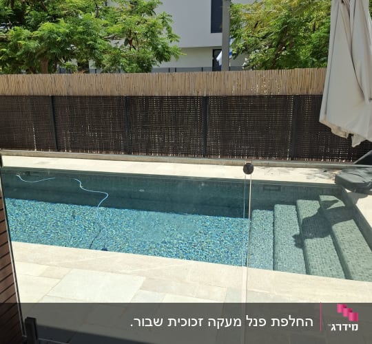בריכה עם גדר זכוכית ועצים ברקע